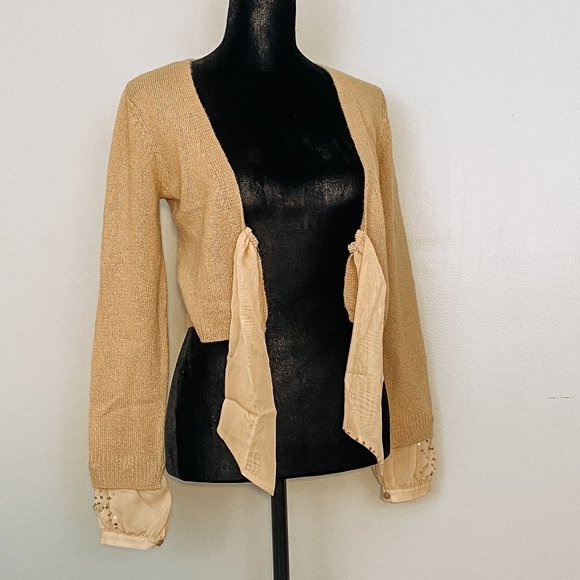 INC International Concepts Mustard 3/4 sleeve Sequined Cuffs & Tie Front Sweater - Picture 9 of 12